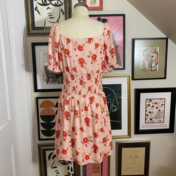 Collective Concepts Womens Size Large Smocked Mini Dress Pink Floral Puff Sleeve - Picture 5 of 8